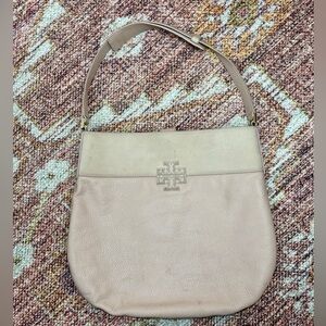 Tory Burch Stacked T Beige Leather Hobo Shoulder Bag